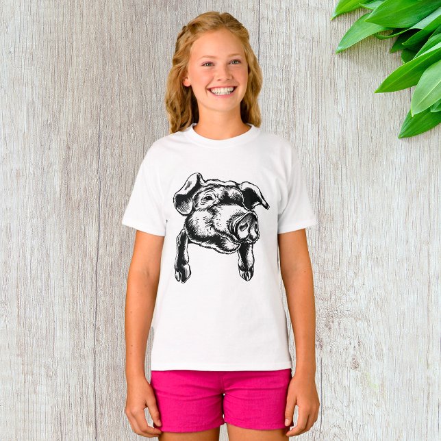Pig Head Farm Animal Drawing in Black White T Shirt (Skapare uppladdad)