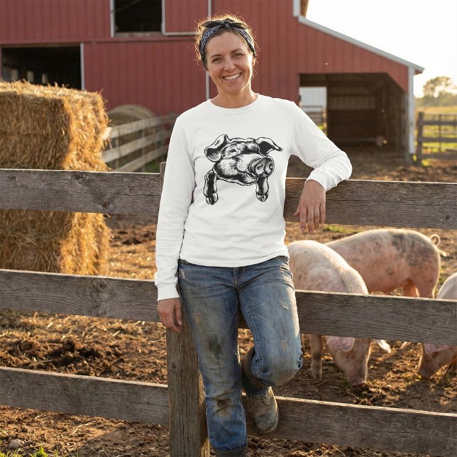 Pig Head Farm Animal Drawing in Black White T Shirt (Skapare uppladdad)