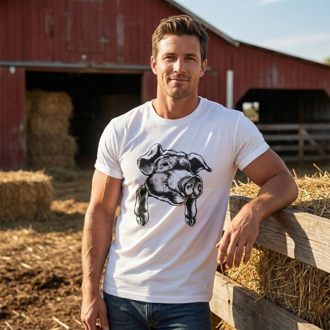 Pig Head Farm Animal Drawing in Black White T Shirt (Skapare uppladdad)