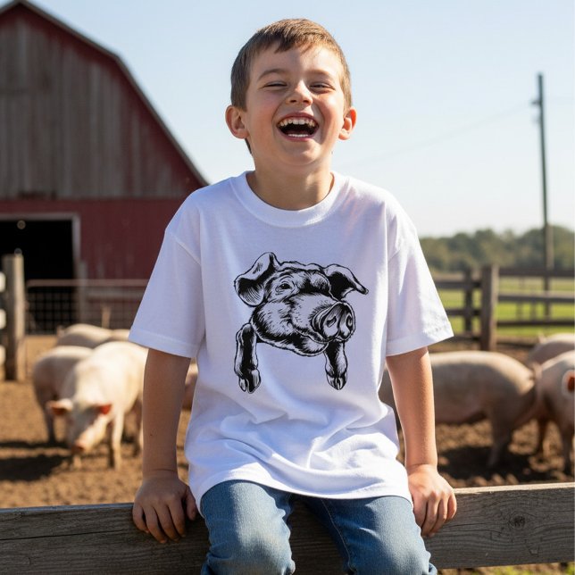 Pig Head Farm Animal Drawing in Black White T Shirt (Skapare uppladdad)