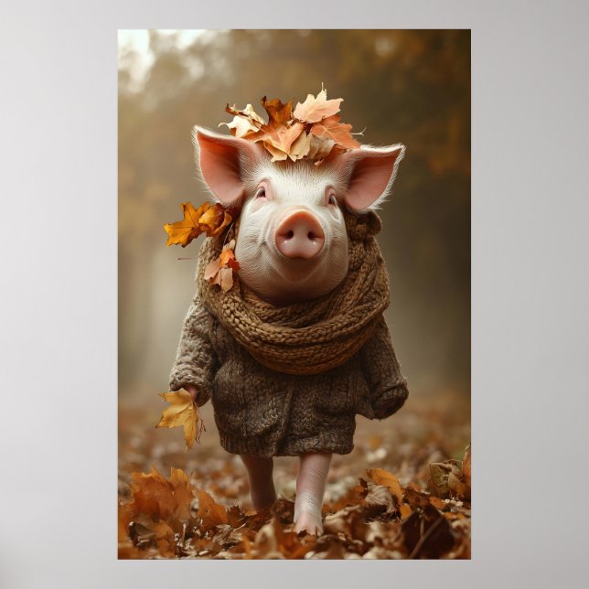 Pig in Fall Clothes Art Print, Rustic Autumn Home Poster (Framsidan)