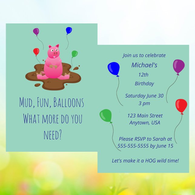 Pig Party Invitation – Mud Fun & Balloons Inbjudningar (Skapare uppladdad)