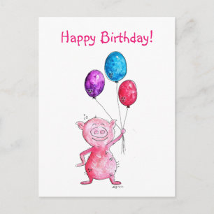 Pig Pink Pig med ballonger Vykort