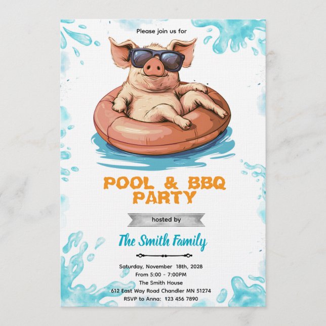 Pig Pool and bbq Party Invitation Inbjudningar (Framsida)
