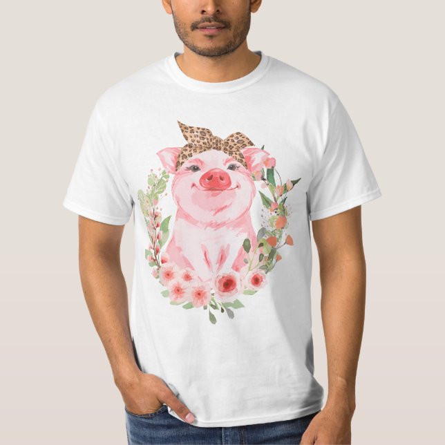 Pig With Leopard Headband Flower T Cute Pig Lover  T Shirt (Framsida)