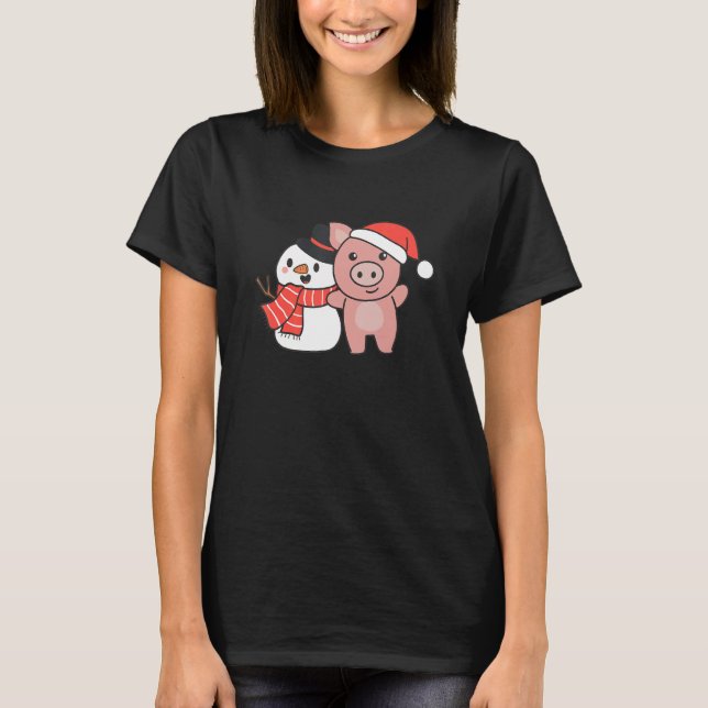 Pig With Snowman In Winter For Christmas T Shirt (Framsida)