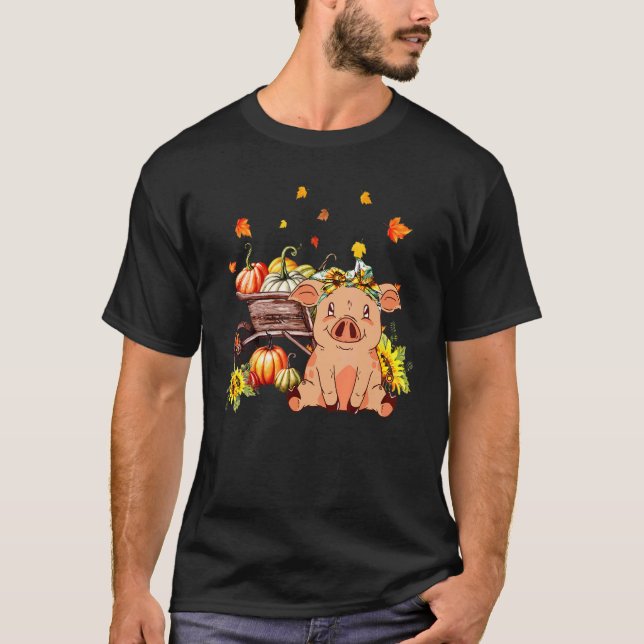Pig With Wooden Wheelbarrow Leopard Pumpkin Sunflo T Shirt (Framsida)