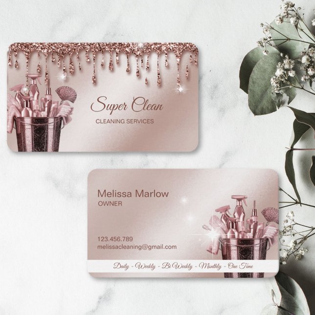 Piga Städar Hus Gnistrande roséguld Företag C Visitkort (rose gold glitter cleaning tools)