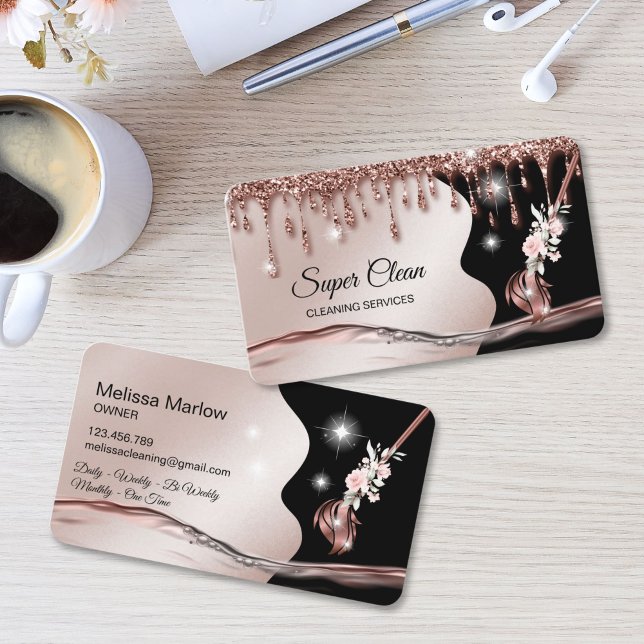 Piga Städar Hus Gnistrande roséguld Visitkort (Maid Cleaning House Sparkling Business Card with rose gold broom logo, glitter and water splash)