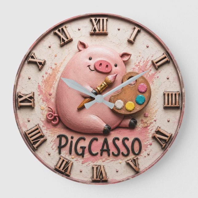 Pigcasso Funny Artist Pig  Stor Klocka (Framsida)