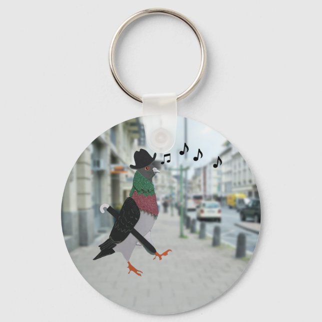 Pigeon About Town Funny Keychain Nyckelring (Framsida)