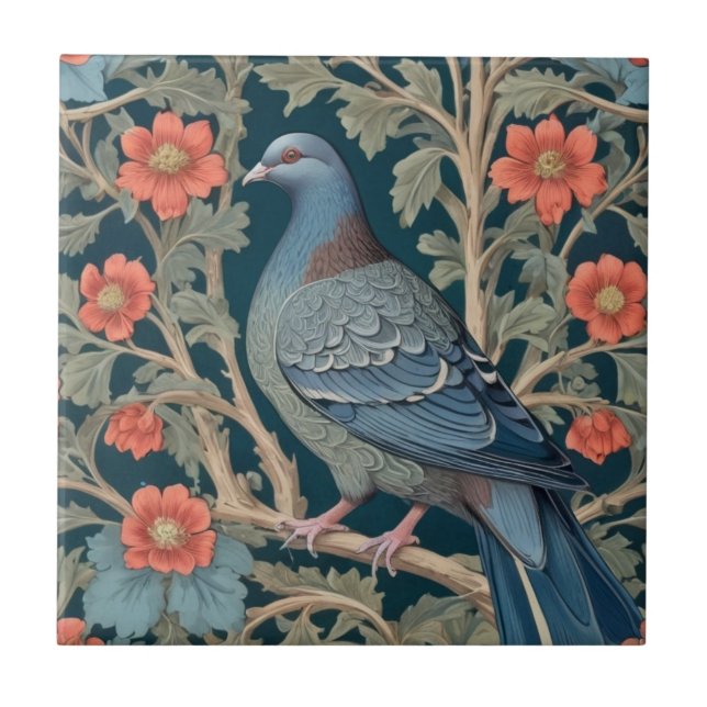 Pigeon Bird William Morris stil Lämnade Röda blomm Kakelplatta (Framsidan)