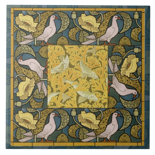 Pigeon Blue Gult Fish Art nouveau Kakelplatta (Framsidan)