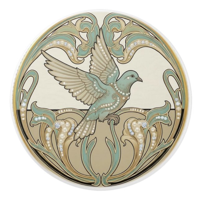 Pigeon Dove Sage Green & Gold Art Deco Nouveau Knopp (Framsidan)