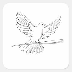Pigeon eller duva som flyger med Käpp Teckning Fyrkantigt Klistermärke