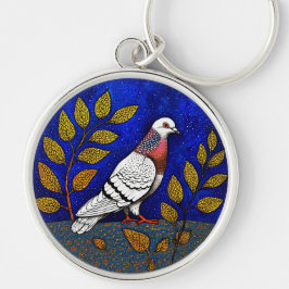 Pigeon-illustration Rund Silverfärgad Nyckelring