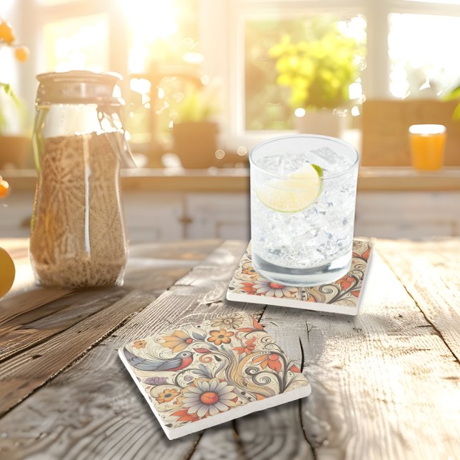 Pigeon och Blommigt Design Stenunderlägg (Pigeon and Floral Design Stone Coaster)