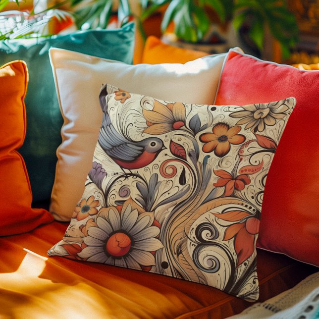 Pigeon och Blommigt Design Summer Kudde (Pigeon and Floral Design Summer Throw Pillow)