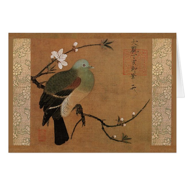 Pigeon och persikor av Momohatozu Chinese art Hälsningskort (Framsidan Horizontal)