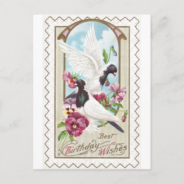 Pigeons and Pansies Vintage Birthday Vykort (Framsida)