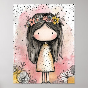 Piggelino flicka akvarell med blomsterdekorationer poster