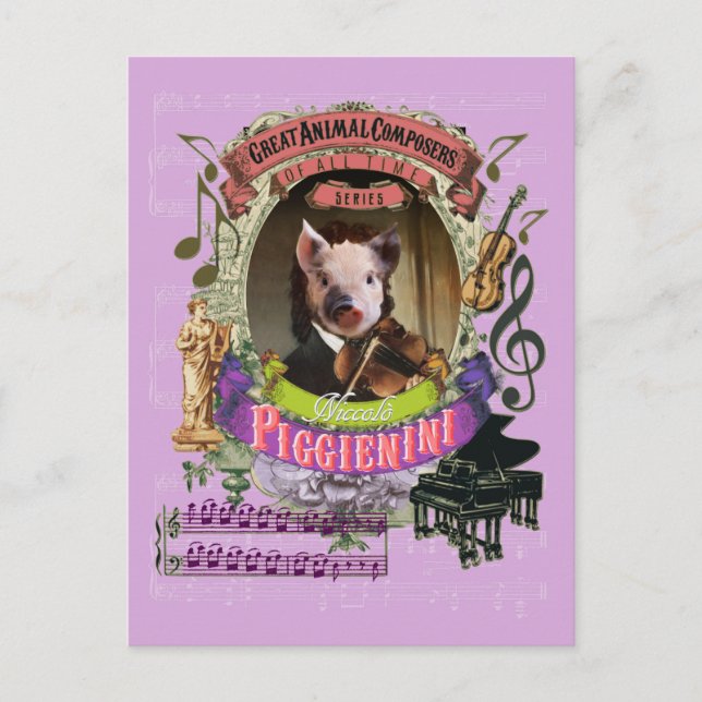 Piggienini Funny Gris Animal Composer Paganini Vykort (Framsida)