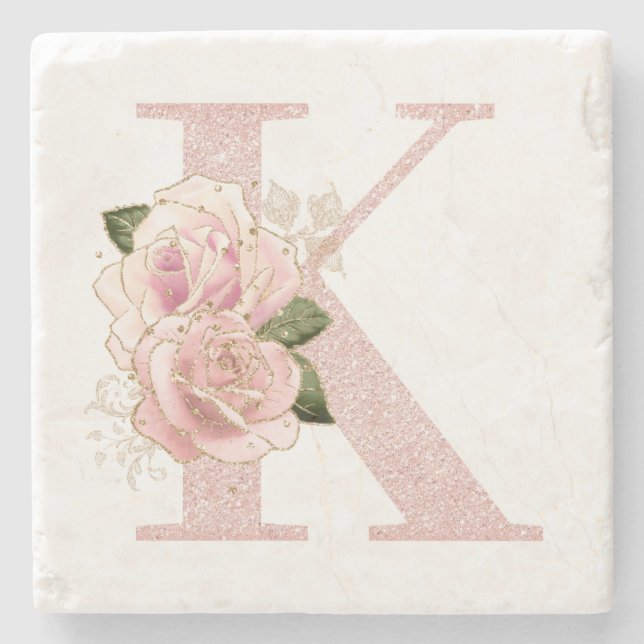 Pigglig blek rosa guld glitter blommig monogram K Stenunderlägg (Framsidan)