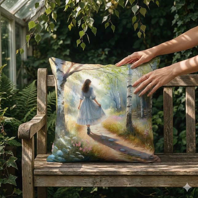Pigglig flicka dansar genom björkskog kudde (Whimsical Girl Dancing Through Birch Forest Throw Pillow Mockup A)
