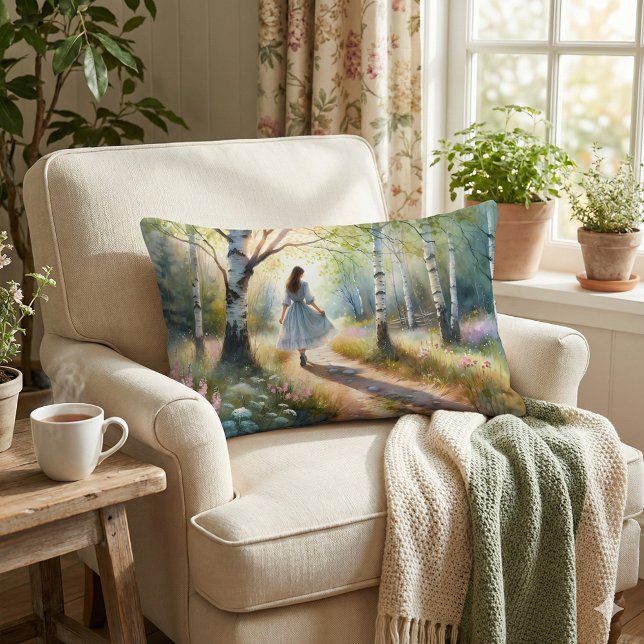 Pigglig flicka dansar genom björkskog lumbarkudde (Whimsical Girl Dancing Through Birch Forest Lumbar Pillow Mockup A)
