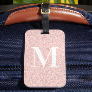 Pigglig modern serifmonogram i roséguld glitter bagagebricka
