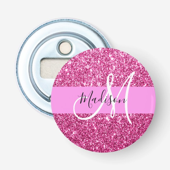 Pigglig och Glam Hot Pink Glitter Gnistrar Monogra Flasköppnare (Framsidan)