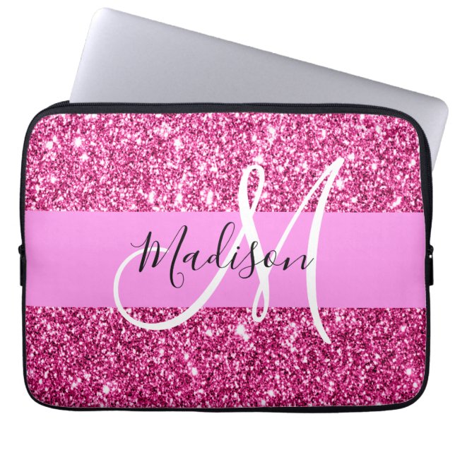 Pigglig och Glam Hot Pink Glitter Gnistrar Monogra Laptop Fodral (Framsidan)