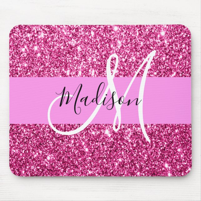 Pigglig och Glam Hot Pink Glitter Gnistrar Monogra Musmatta (Framsidan)