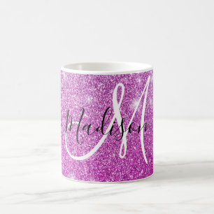 Pigglig och glamourös lila glitter Monogramnamn Kaffemugg