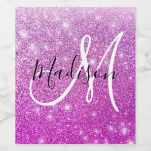 Pigglig och glamourös lila glitter Monogramnamn Vinflaska Etikett