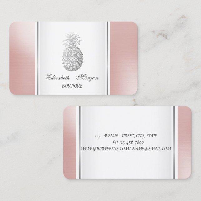 Pigglig Trendig Modern Silver Ananas Tropisk Visitkort (Fram/baksida)