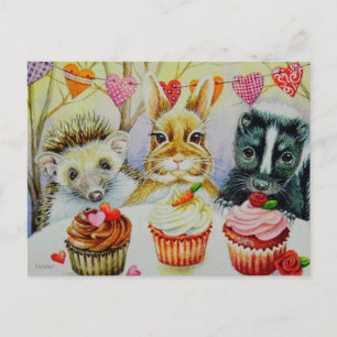 Piggsvin Kanin Skunk & Cupcakes Akvarell Konst Vykort