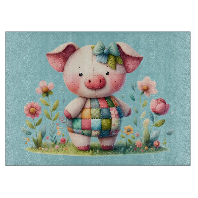Piggtig lapptäcke gris i blomsterträdgård (Framsidan)