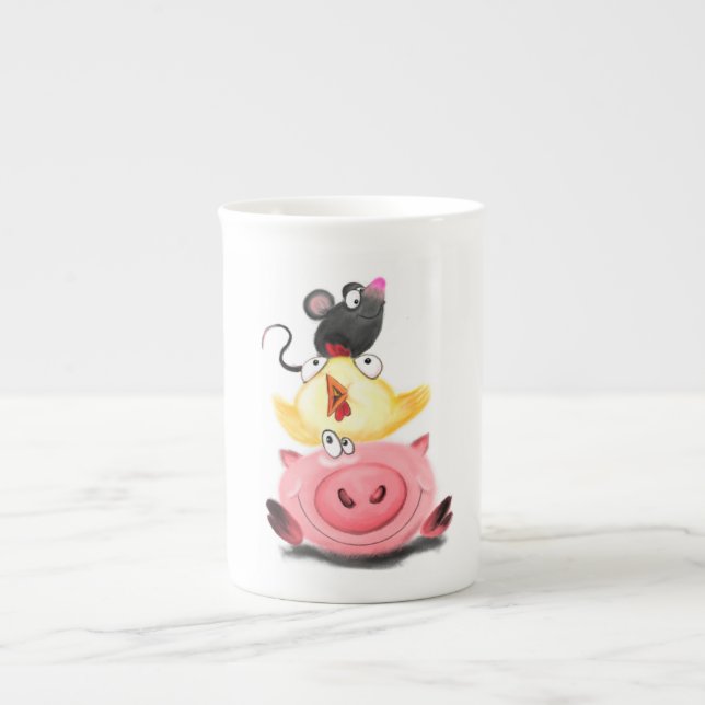 Piggy Chick och Mouse Friends Mugg Roligt Benporslin Mugg (Framsidan)
