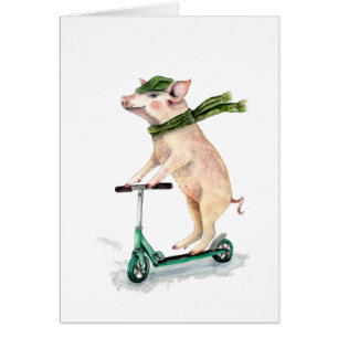 Piggy på en scooter hälsningskort