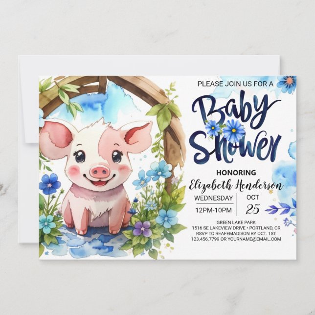 Piggy Parad Watercolor Farm Baby Shower Inbjudningar (Framsida)