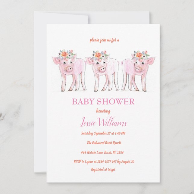 Piggy Triplets Baby Shower Piglet Girl Farm Animal Inbjudningar (Framsida)