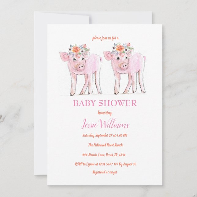 Piggy Twillingar Baby Shower Piglet Girl Boskap Inbjudningar (Framsida)