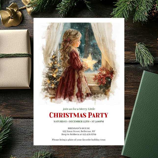 Pigk flicka väntar på tomte redigerbar högtid   inbjudningar (Whimsical girl awaits Santa editable holiday invite)