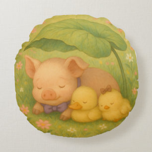 Piglet och Ducklings, vattenfärg av Nata Rund Kudde