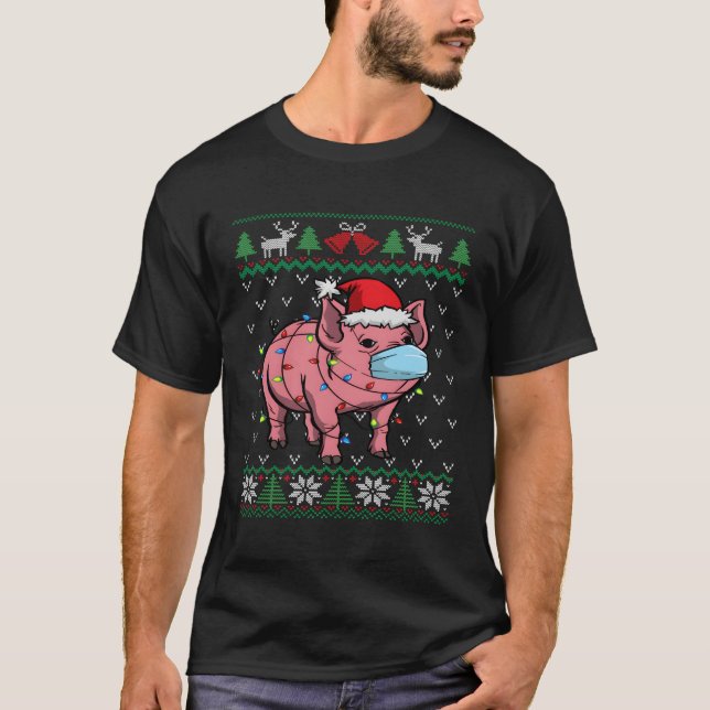 Piglet Santa Ugly, gris, Ansikte, för jul T Shirt (Framsida)