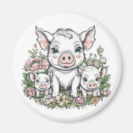 Piglets i mamma och Baby i Blommor Magnet