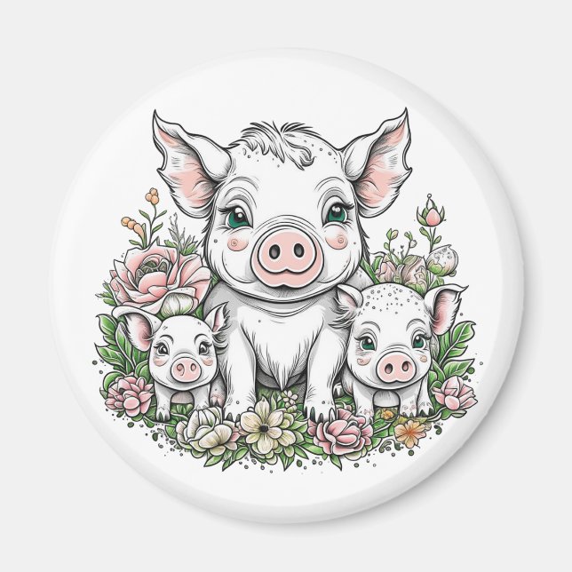 Piglets i mamma och Baby i Blommor Magnet (Framsidan)