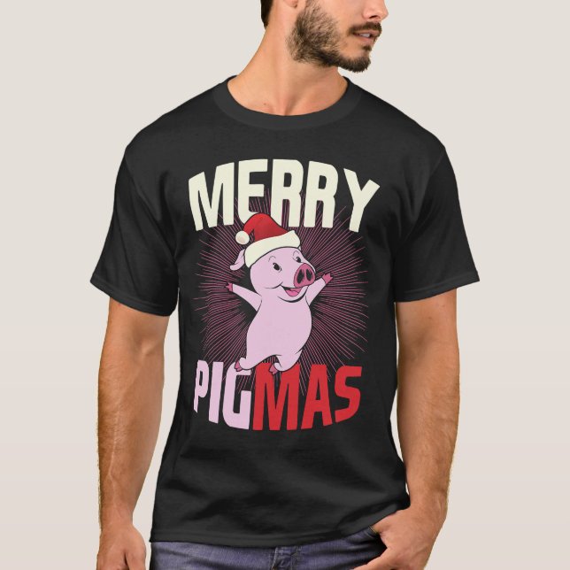 Pigmas Lycklig Gris Santa Hat God jul T Shirt (Framsida)