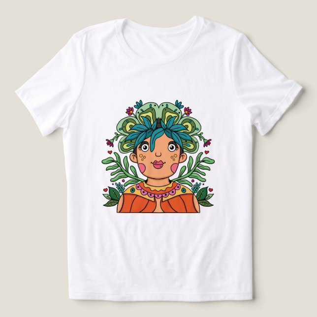 Pigmenterad konstflicka med blomkrona t shirt (Design Framsida)